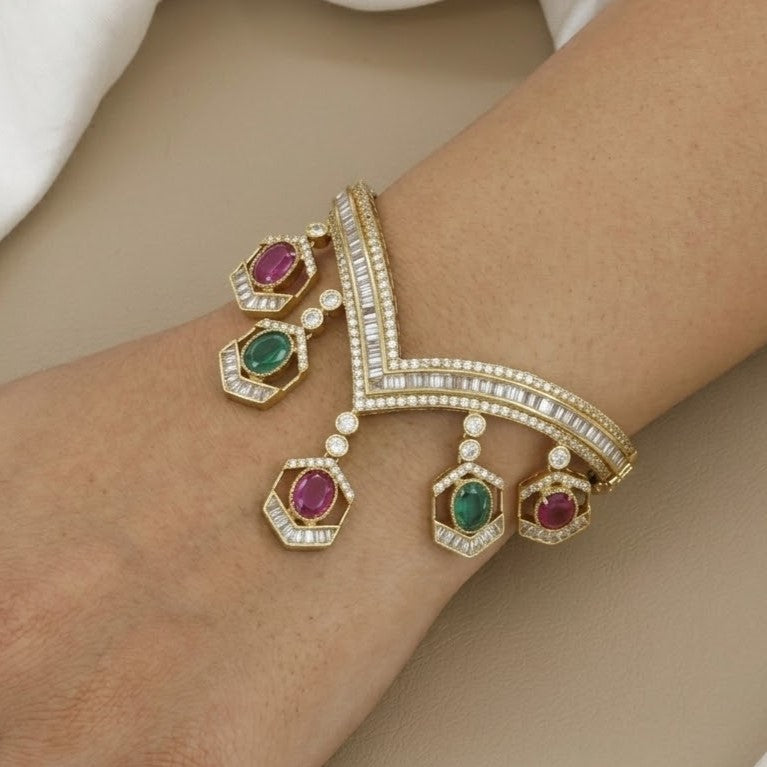 Luxury V-Shaped Statement Bracelet with Gemstones & Diamonds