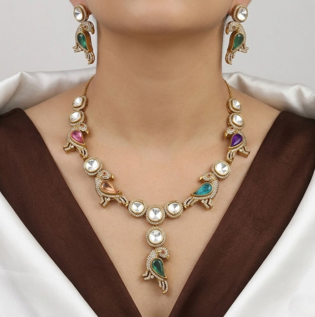 Gold Plated Multi-Color Parrot Motif Kundan Necklace Set