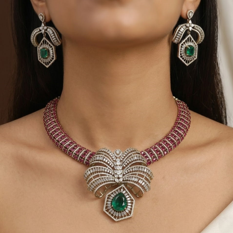 Mehndi Polished Luxury Ruby and Emerald Diamond Necklace Set