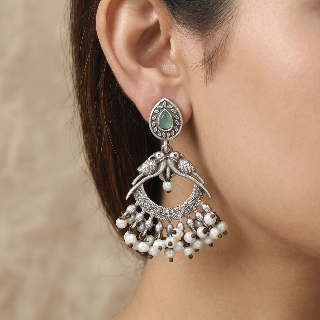 Antique Oxidized Silver Bird Motif Chandbali Earrings with Pearls