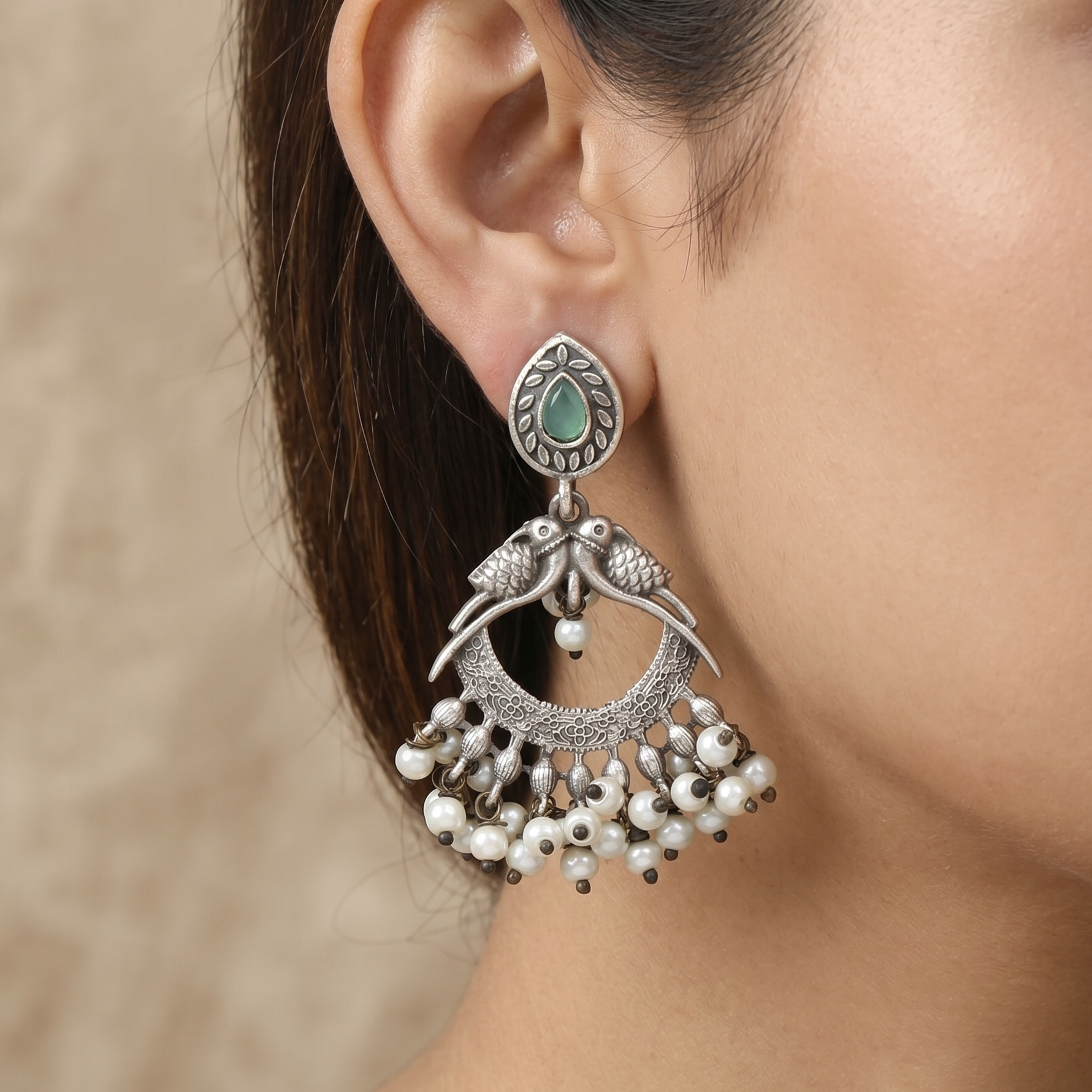 Antique Oxidized Silver Bird Motif Chandbali Earrings with Pearls
