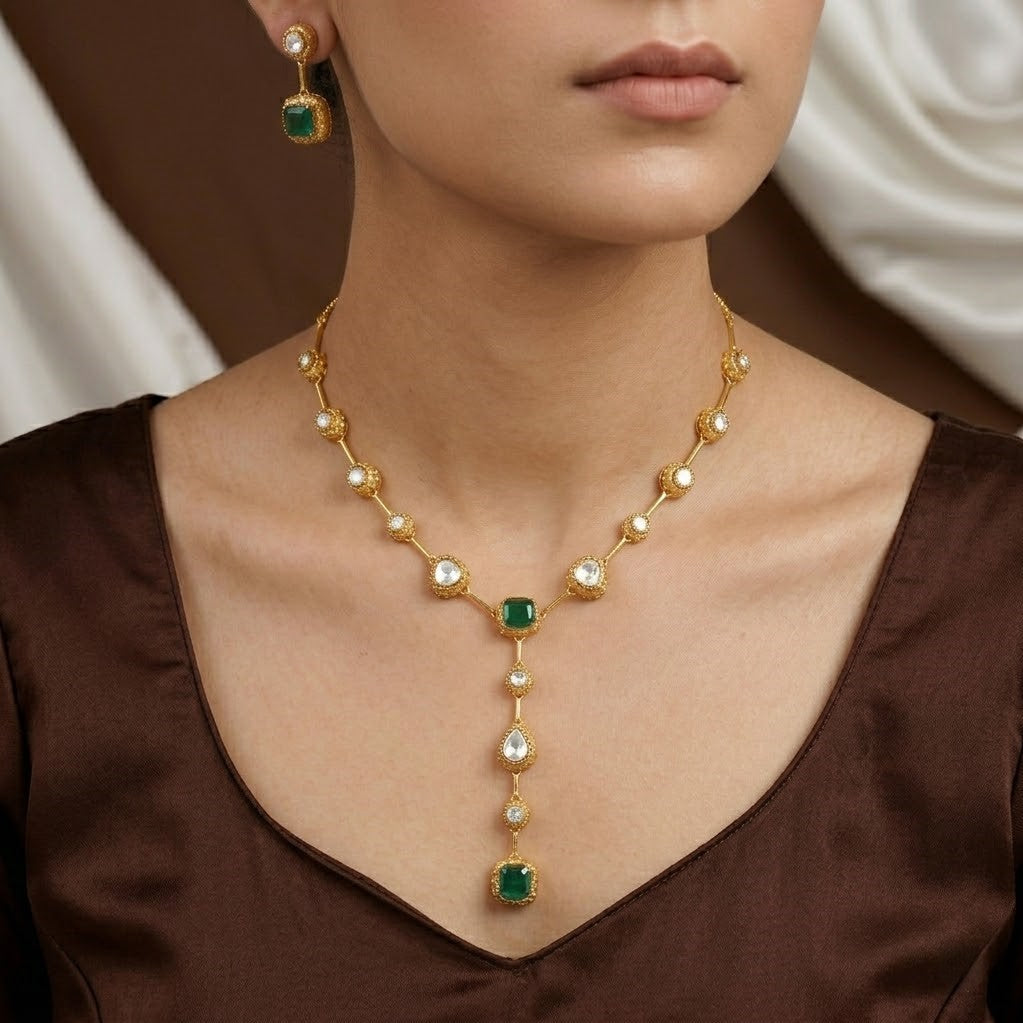 Matte Gold Plated Y-Necklace Set with Emerald Green & Kundan Stones