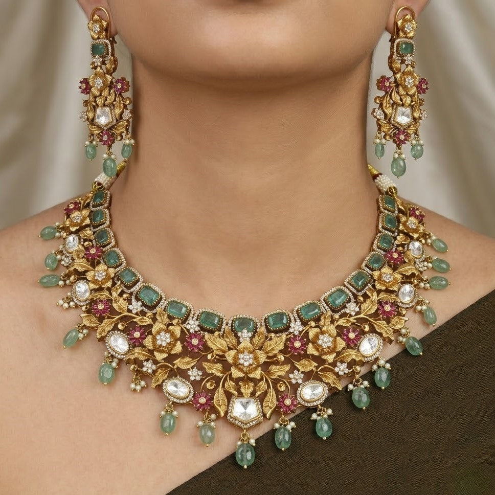 Antique Gold Matte Floral Necklace Set with Multi-Gemstones