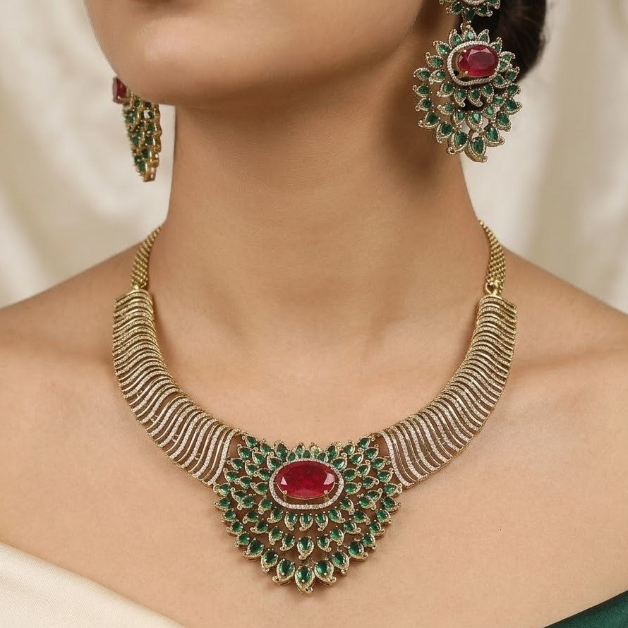Mehndi Polished Royal Ruby and Emerald Diamond Necklace Set