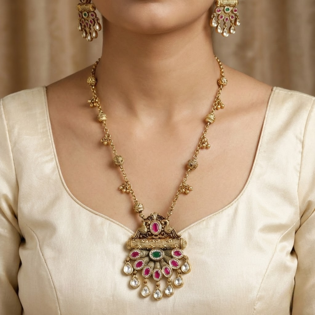 Traditional Kundan & Ruby Long Pendant Necklace Set