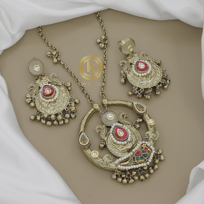 Intricate Oxidized Gold Necklace Set with Colorful Accents