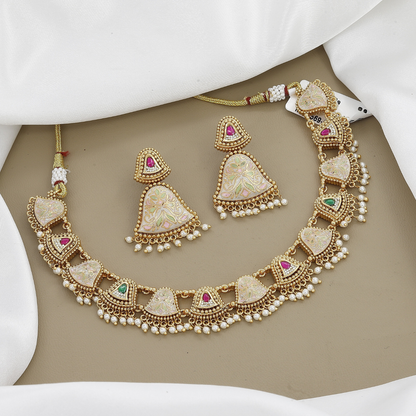 Pink & White Meenakari Necklace Set with Heart Motifs