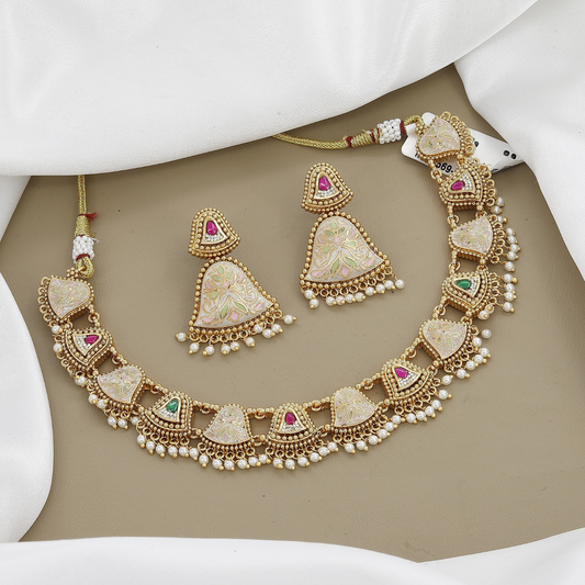 Pink & White Meenakari Necklace Set with Heart Motifs