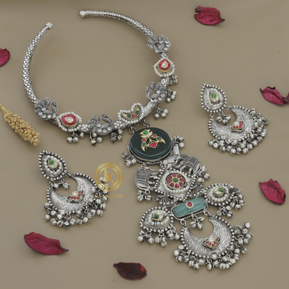 Handcrafted Antique Finish Necklace with Crystal Centerpiece and Earrings
