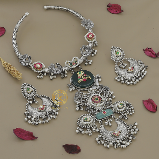 Handcrafted Antique Finish Necklace with Crystal Centerpiece and Earrings