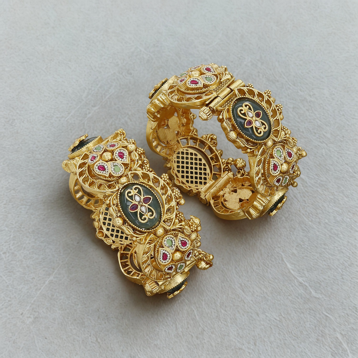 Designer Antique Gold Patla Bangles with Kundan Stones