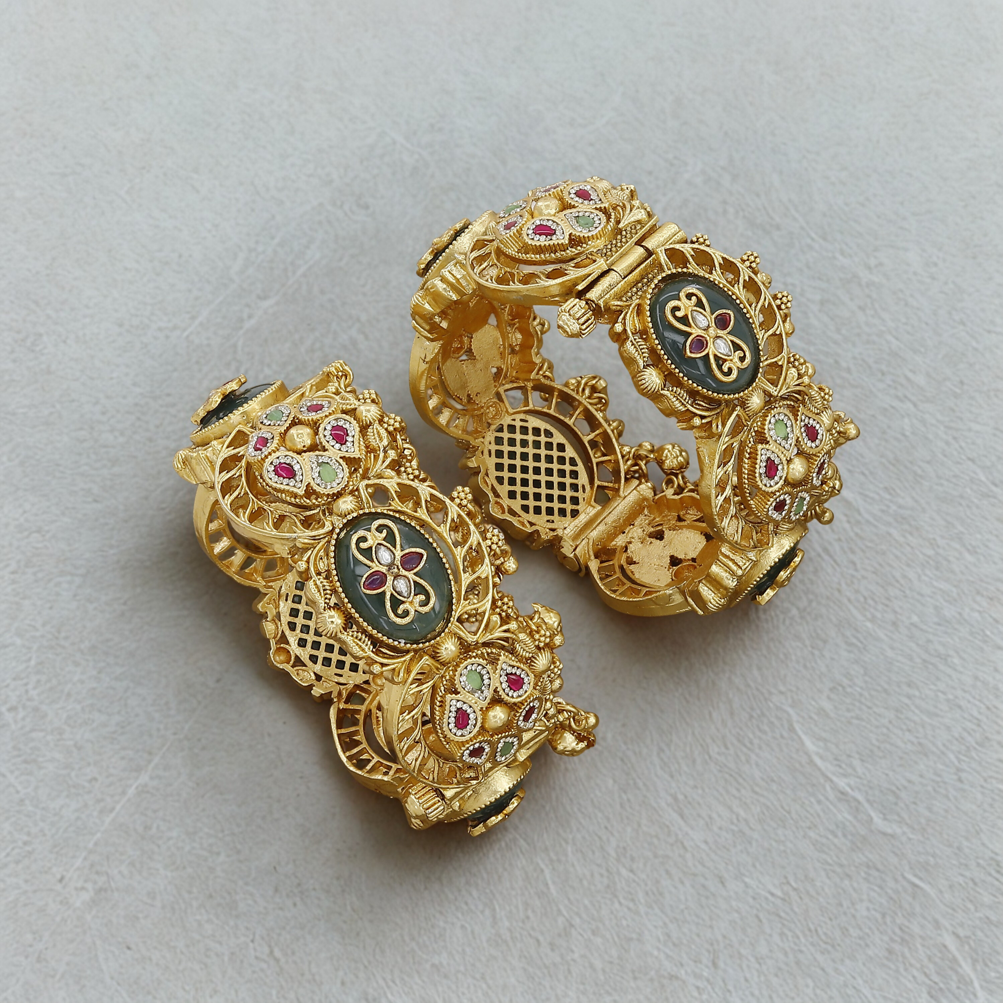 Designer Antique Gold Patla Bangles with Kundan Stones
