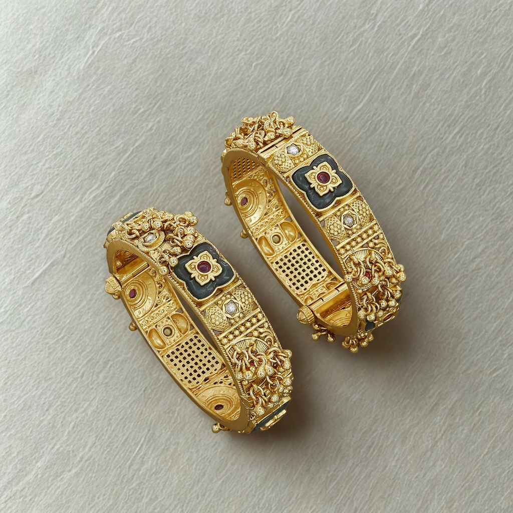 Antique Floral Patla Set with Green Enamel & Ruby Stones