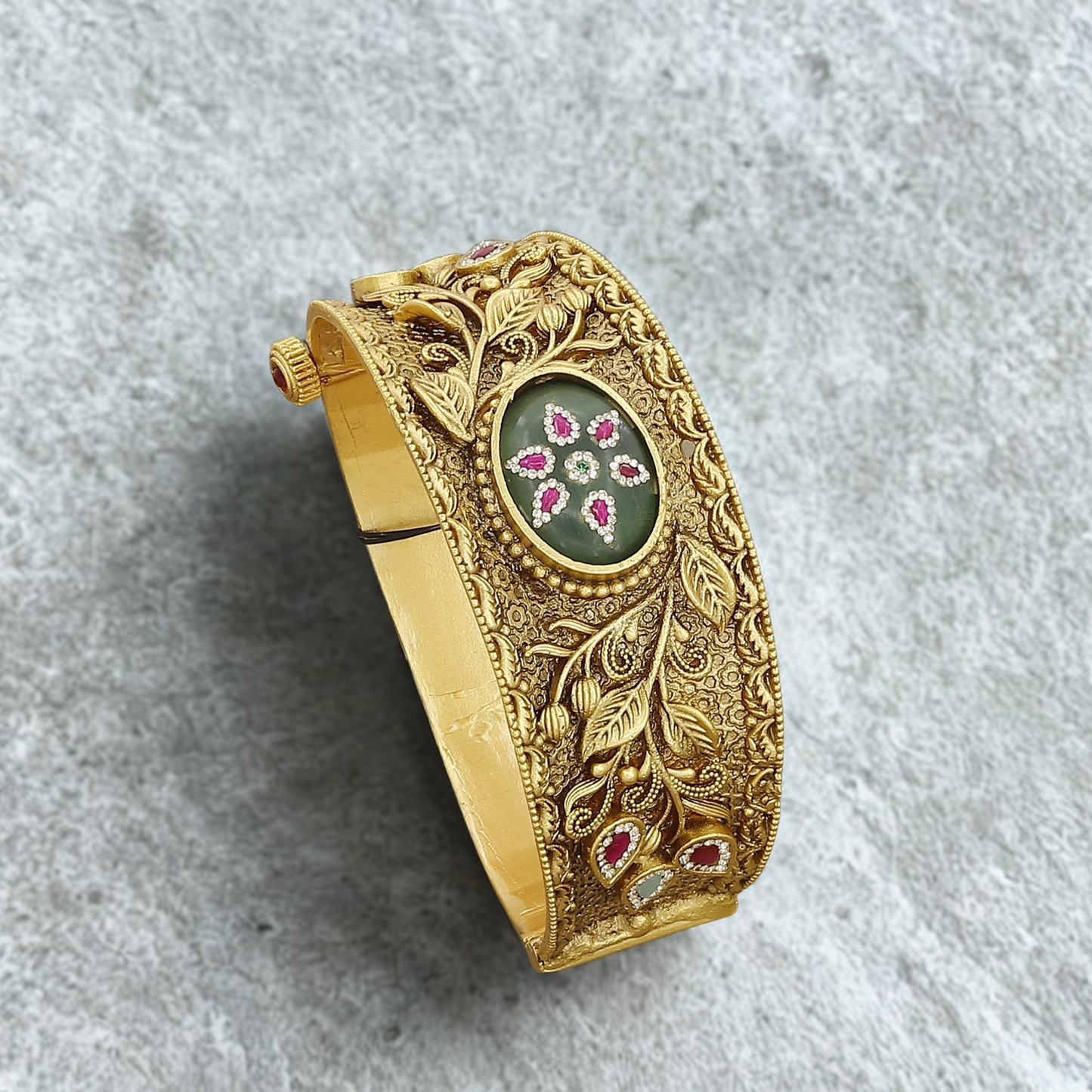 Ornate Floral Bangle Kada with Green Stone & Ruby Accents