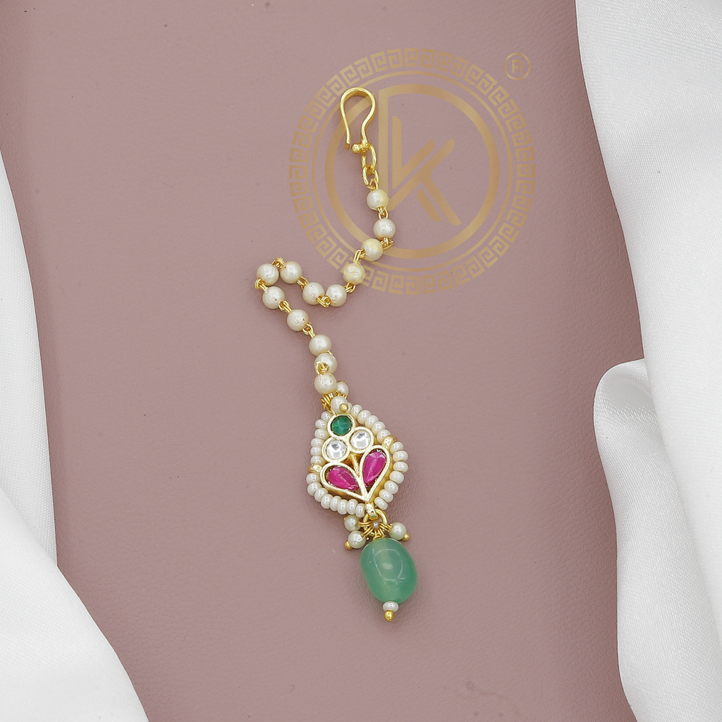 Elegant Pearl Maang Tikka with Green Drop & Pink Kundan Detailing