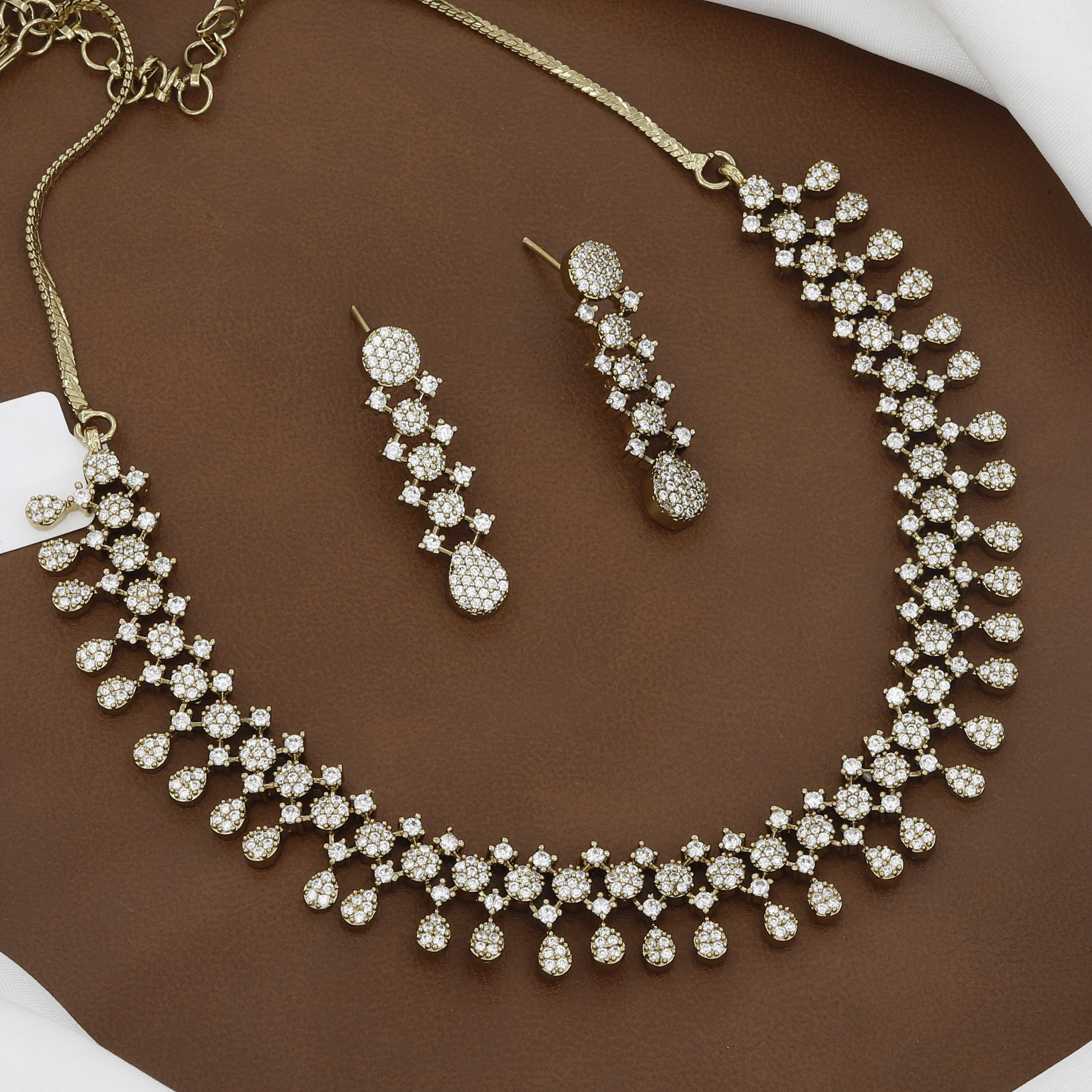 Mehndi Polished Elegant Pave CZ Cascade Necklace & Earrings