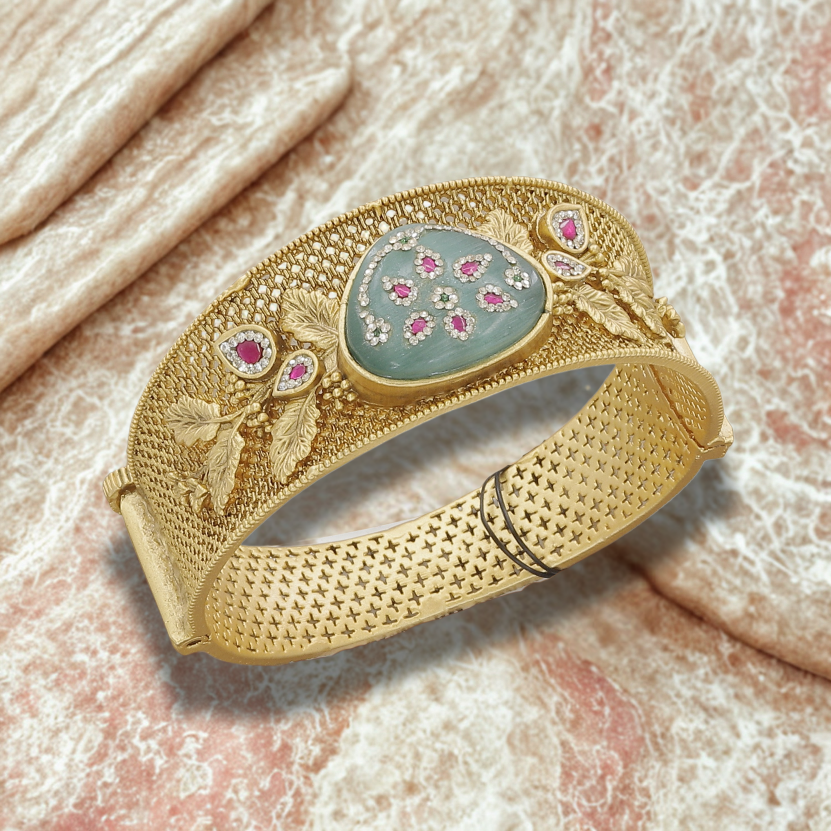 Gold Mesh Kada with Floral and Gemstone Design