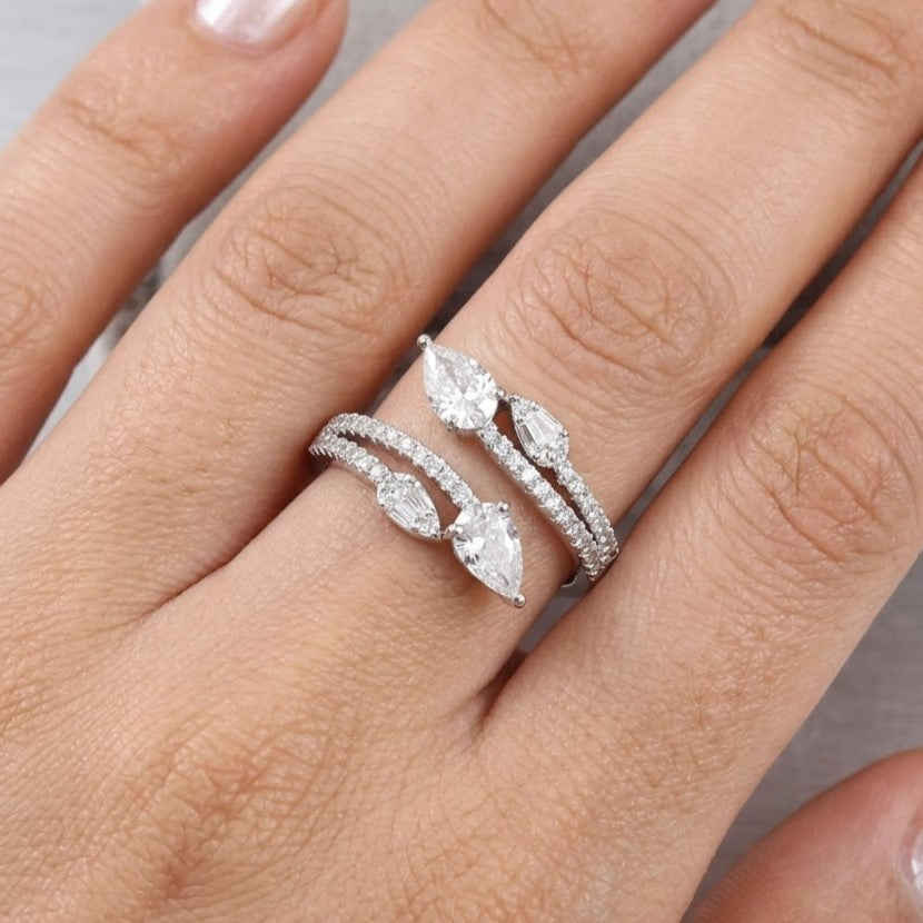 Pear Cut Stones Silver Split-Band Bypass Ring