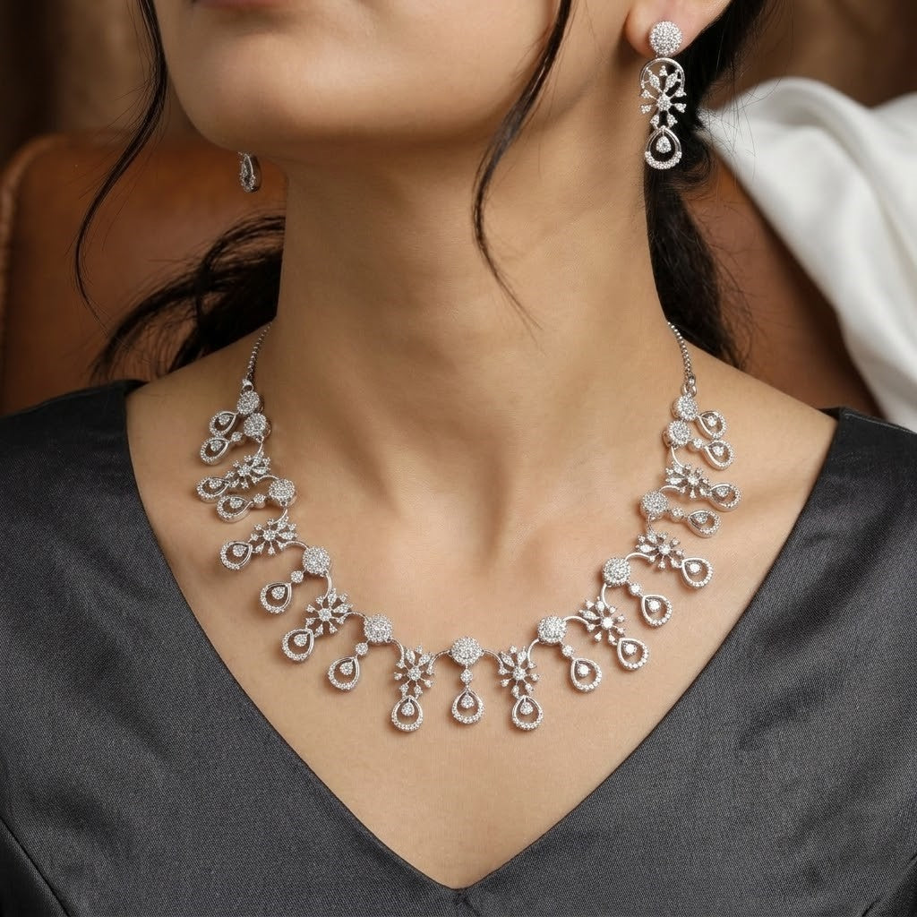 Elegant CZ Teardrop & Floral American Diamond Necklace Set