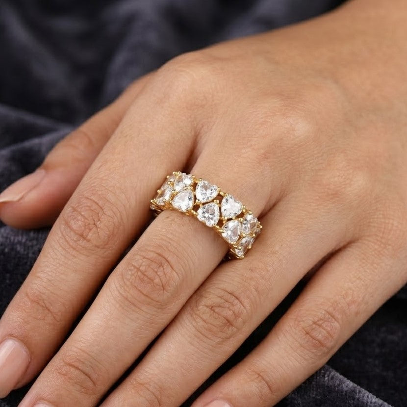 Golden Brilliant Heart-Cut Cubic Zirconia Eternity Free Size Ring