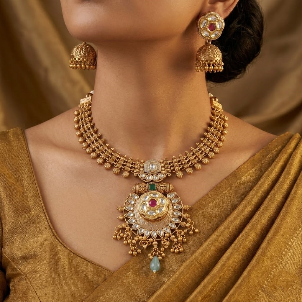 Antique Gold Tone Necklace Set with Dangling Bead