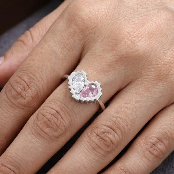 Charming Pixel Heart Adjustable Ring with Pink & Clear Zirconia