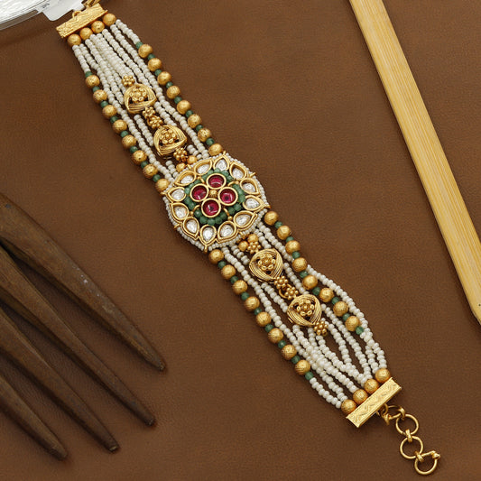 Antique Broad Kundan Moti Wedding Bracelet