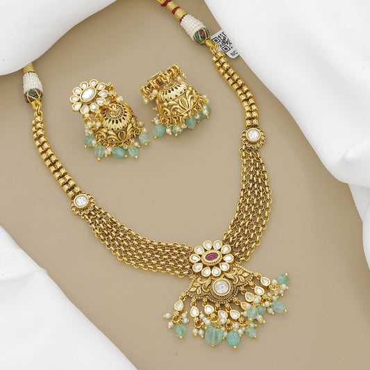 Antique Gold Plated Mini Necklace Set with Mint Green Beads