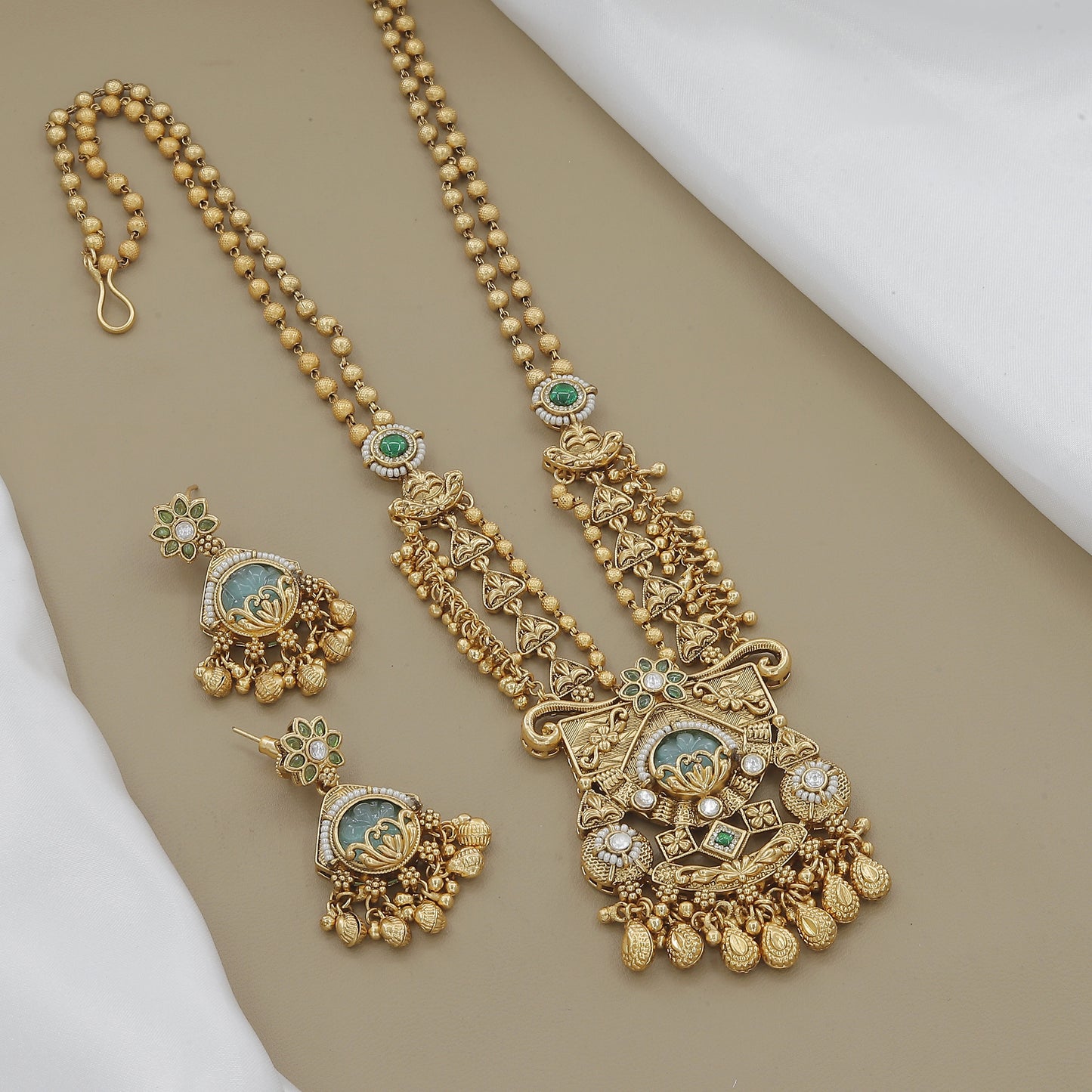Antique Gold Plated Peacock Necklace Set with Green Stones