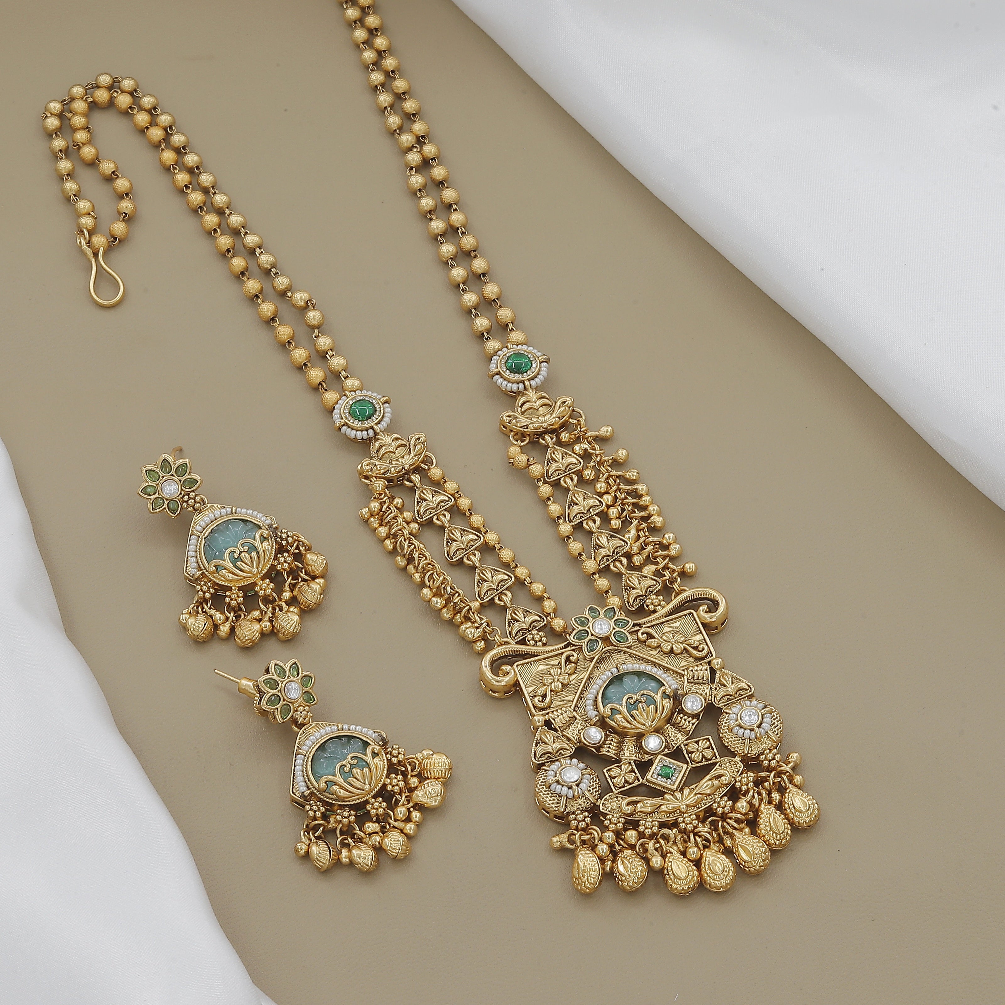 Antique Gold Plated Peacock Necklace Set with Green Stones