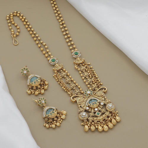 Antique Gold Plated Peacock Necklace Set with Green Stones
