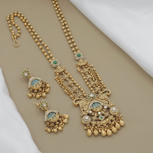 Antique Gold Plated Peacock Necklace Set with Green Stones