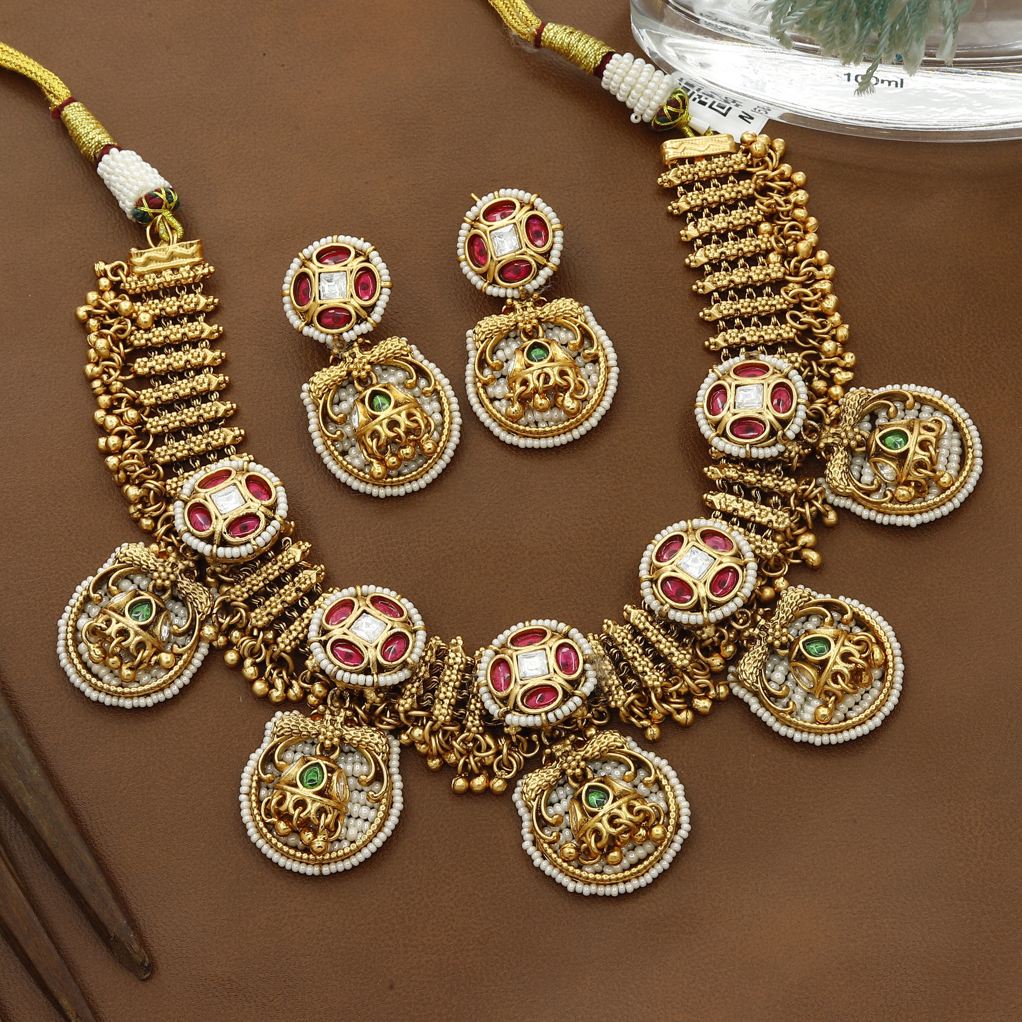 Antique Gold Tone Choker Set With Earrings