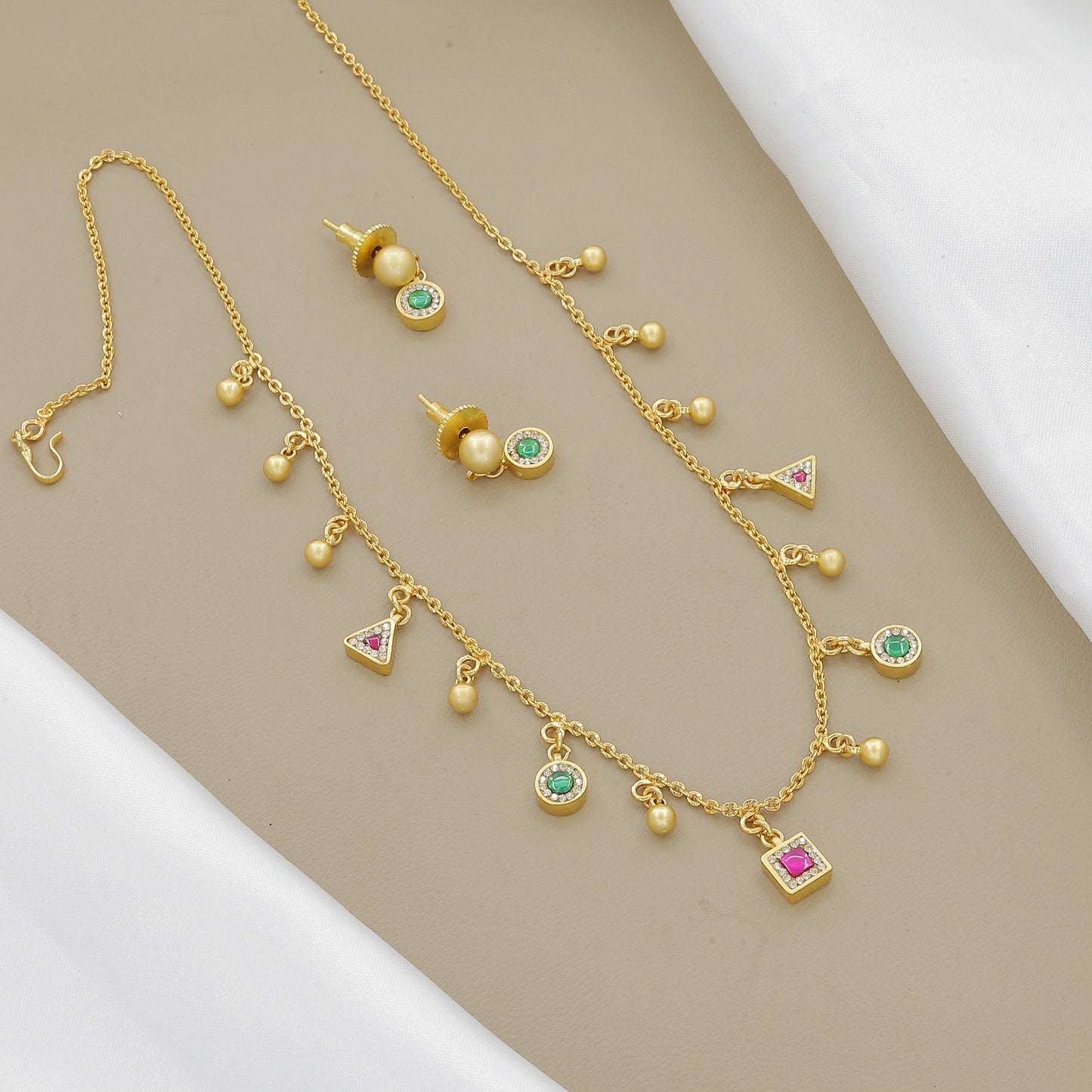 Antique Gold-Toned Enamel & Green Stone Temple Jewelry Set