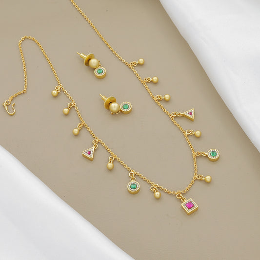 Antique Gold-Toned Enamel & Green Stone Temple Jewelry Set