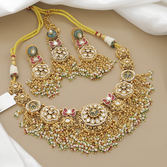Antique Gold-Toned Enamel & Kundan Necklace Set with Dangling Earrings