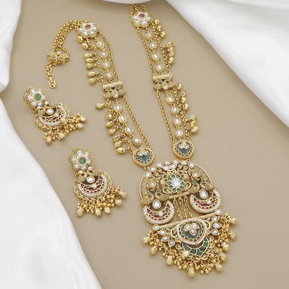 Antique Gold-Toned Long Temple Necklace Set with Green Stone