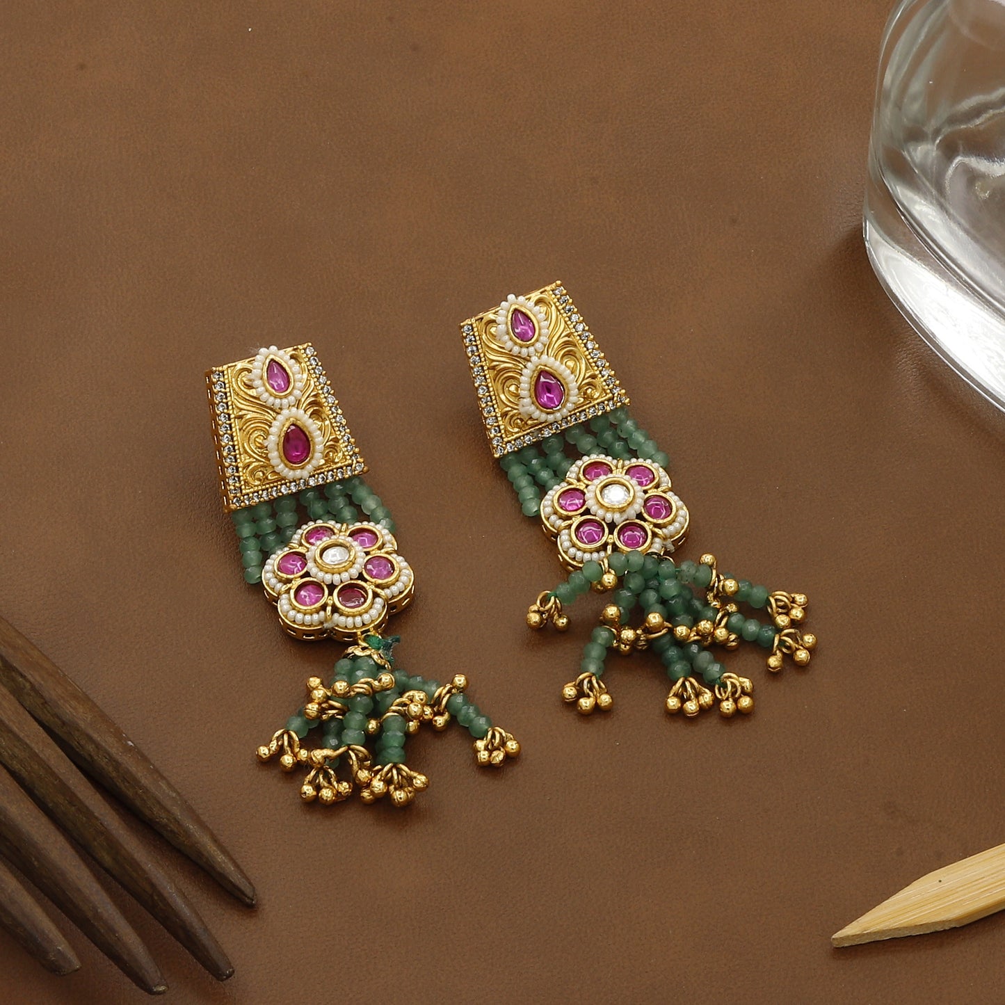 Antique Kantha Style Green Moti Long Necklace Set