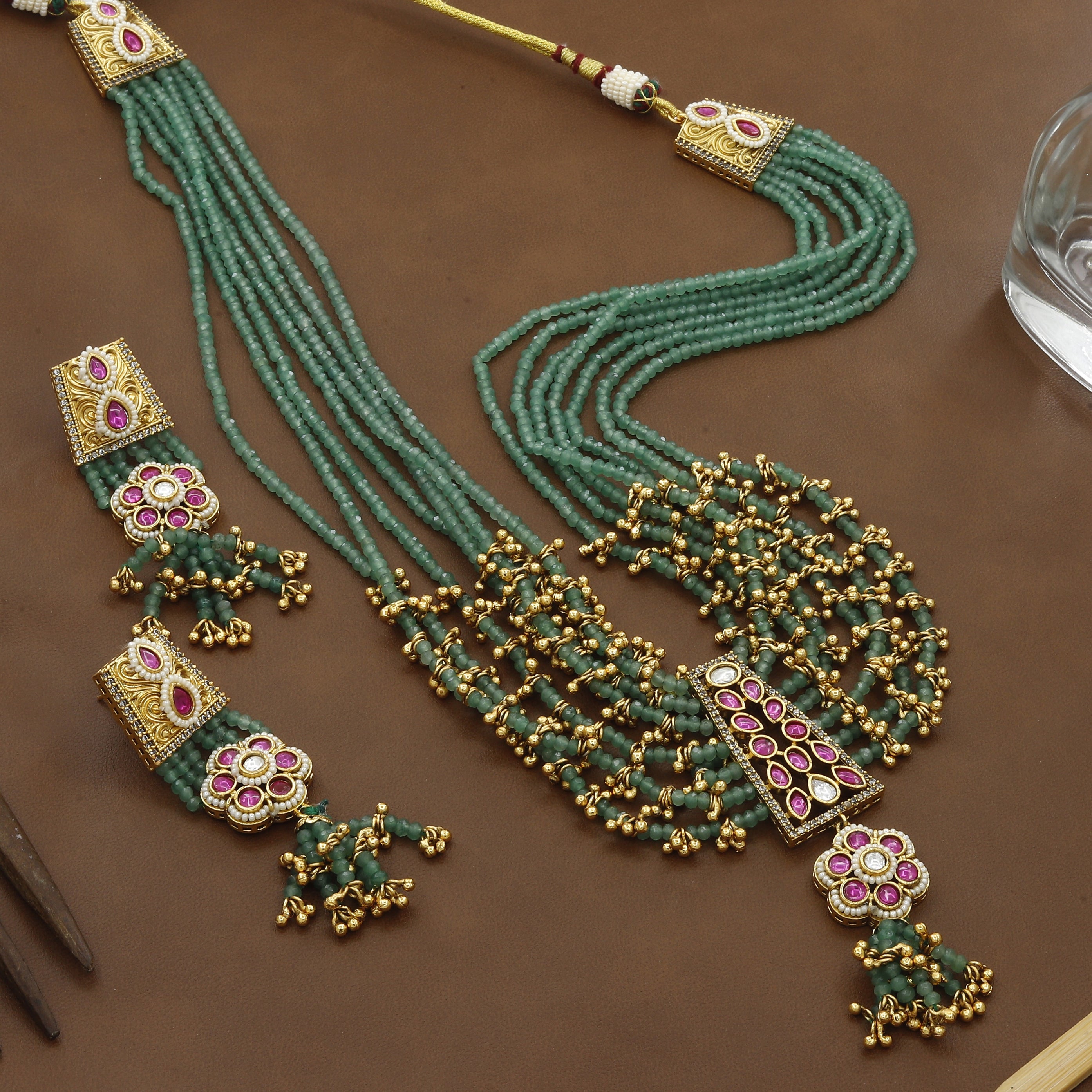 Antique Kantha Style Green Moti Long Necklace Set