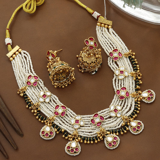 Antique Moti Choker Set With Big Jumkhas