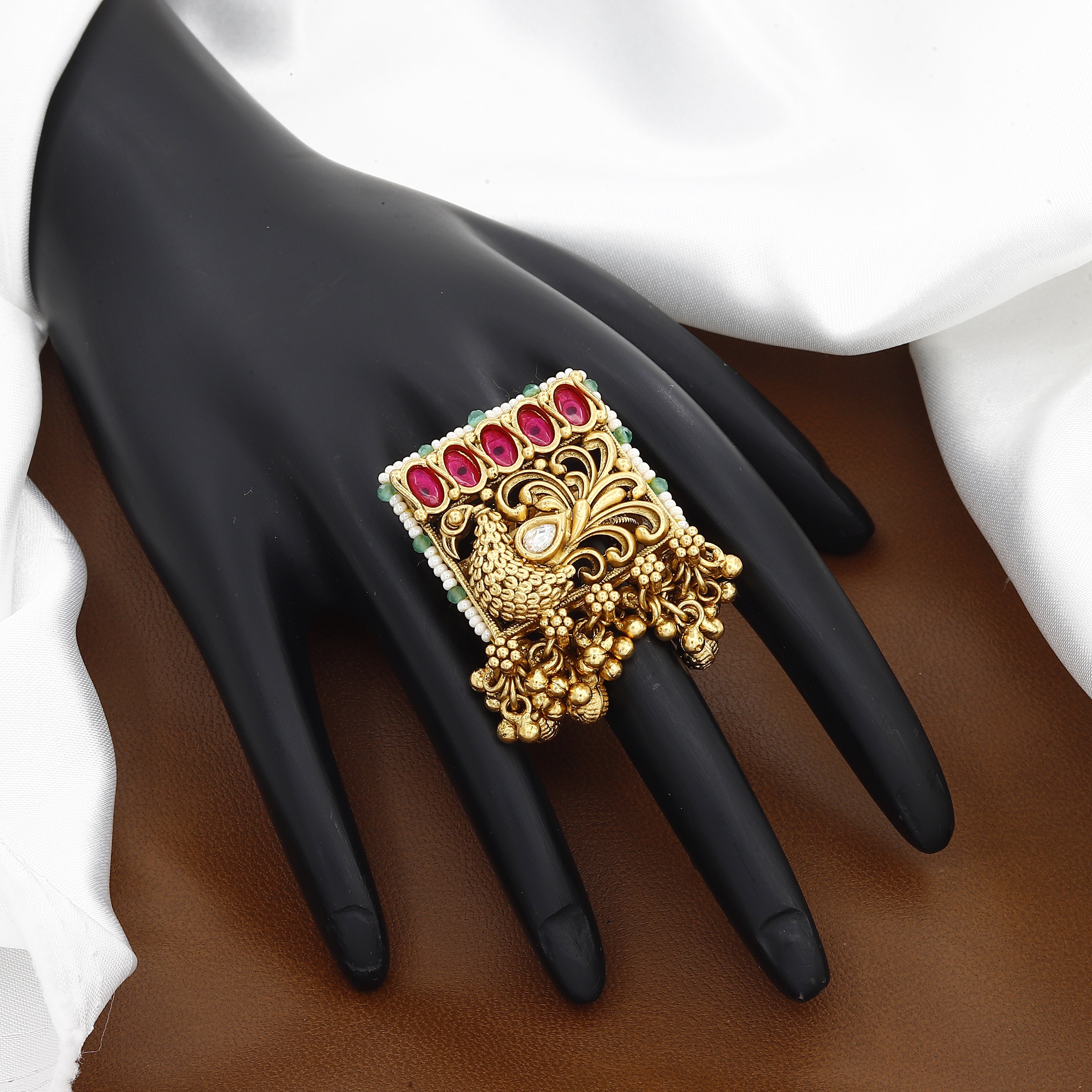 Antique Peacock Finger Ring with Gemstones and Pearls