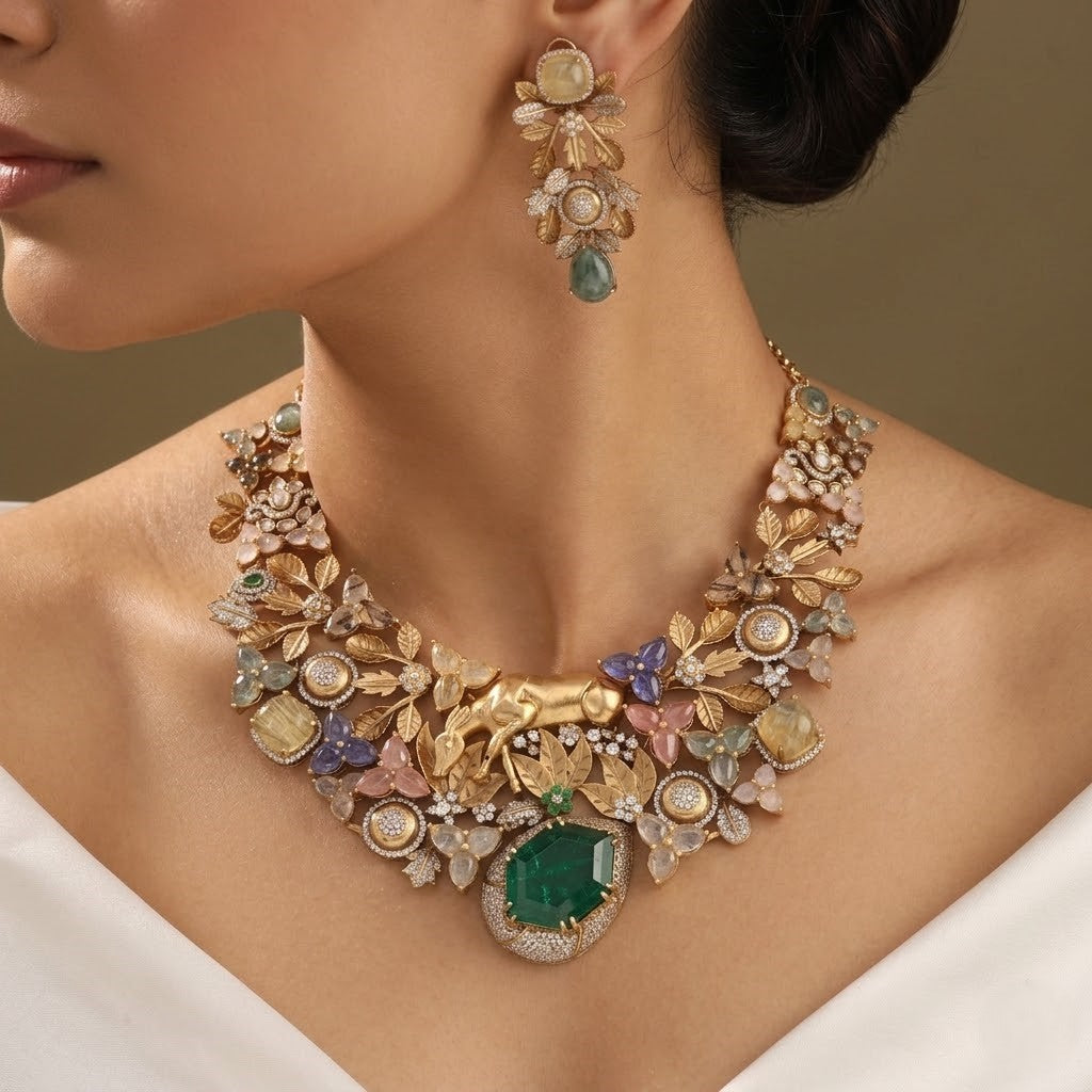 Multi-Gemstone Nature-Inspired Gold Statement Necklace Set