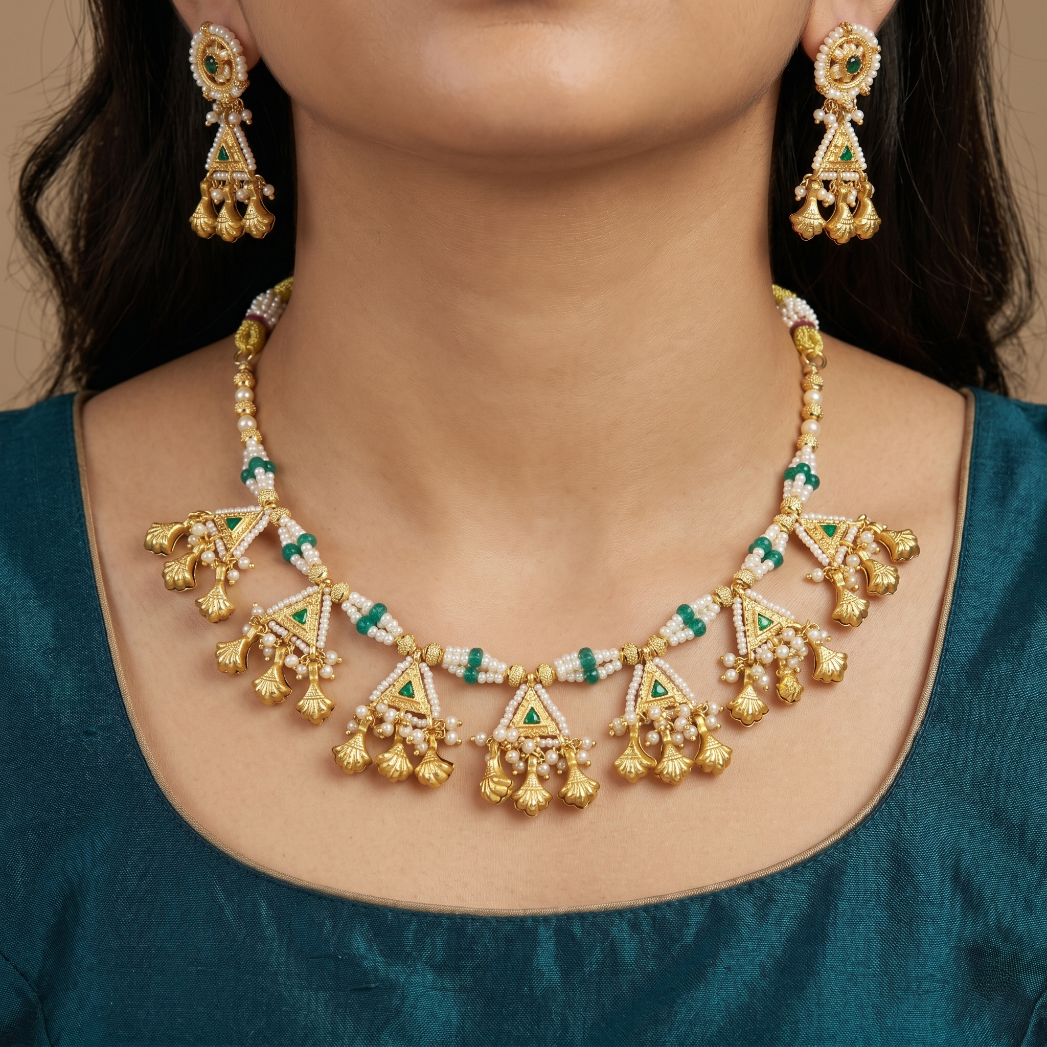 Antique Gold Triangle Motif Necklace Set with Pearls & Emeralds