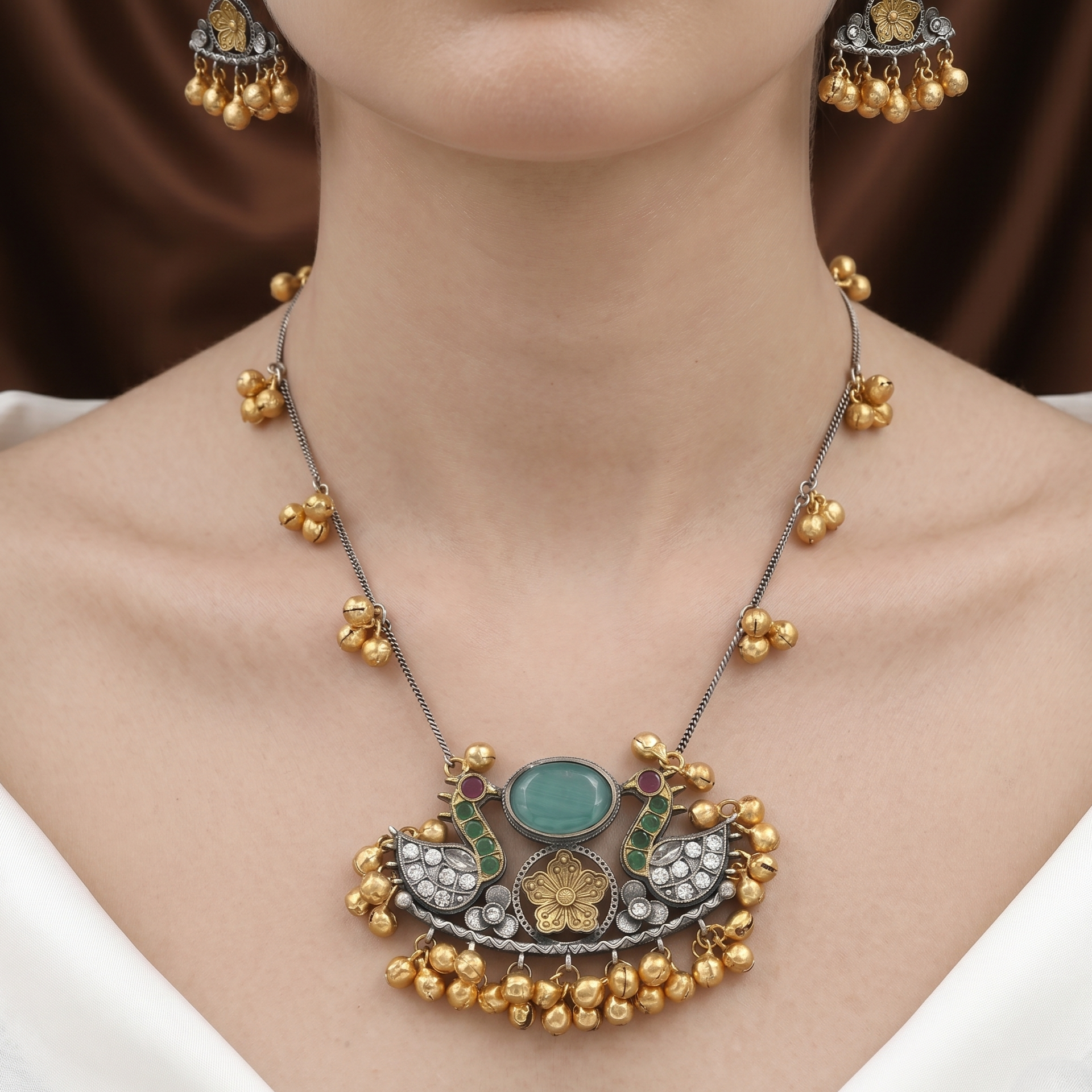 Artisanal Peacock Motif Dual-Tone Necklace Set