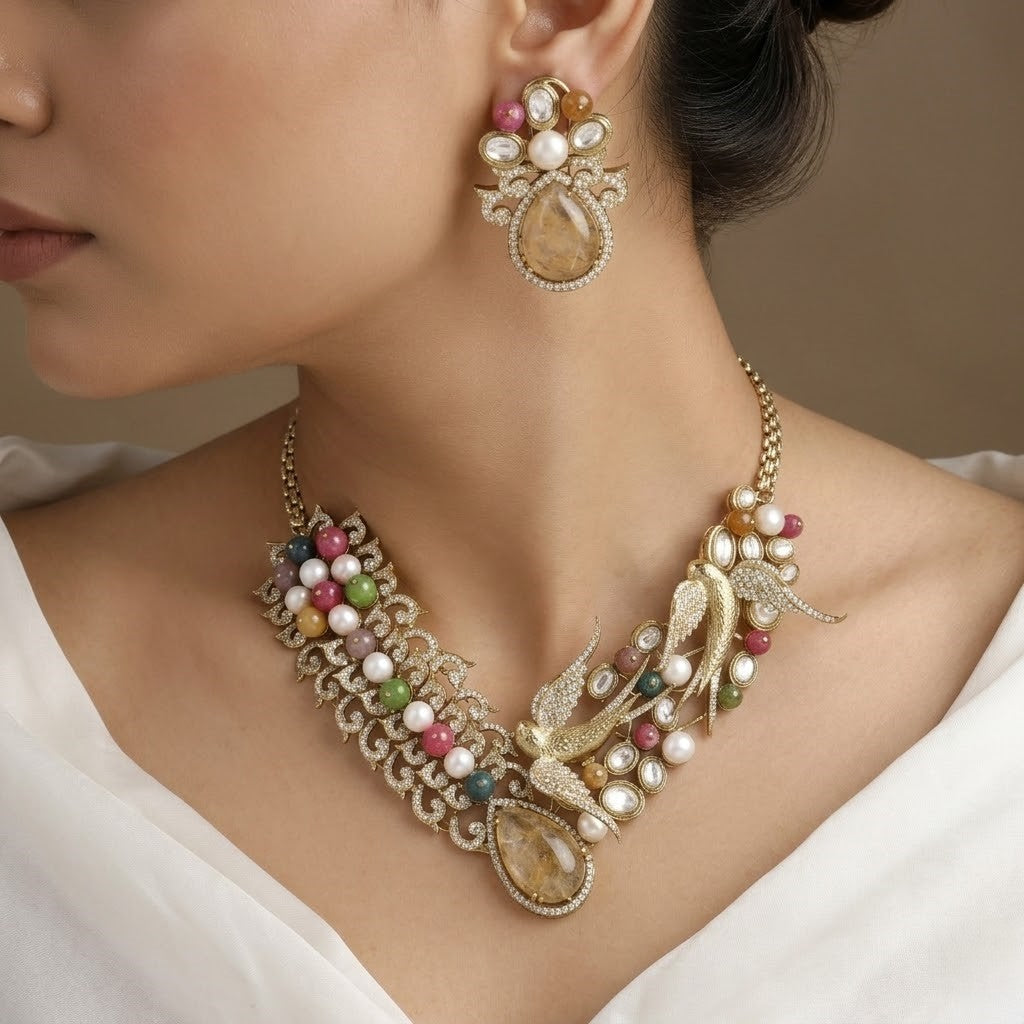 Multi-Color Gems Bird Motif Gold Statement Necklace Set