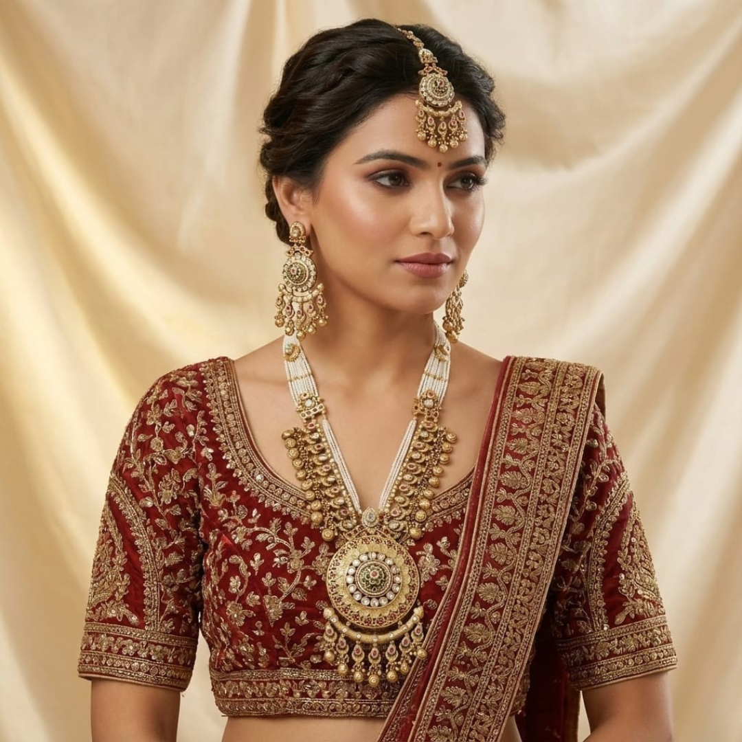 Complete Antique Gold Bridal Set Necklace, Earrings & Maang Tikka