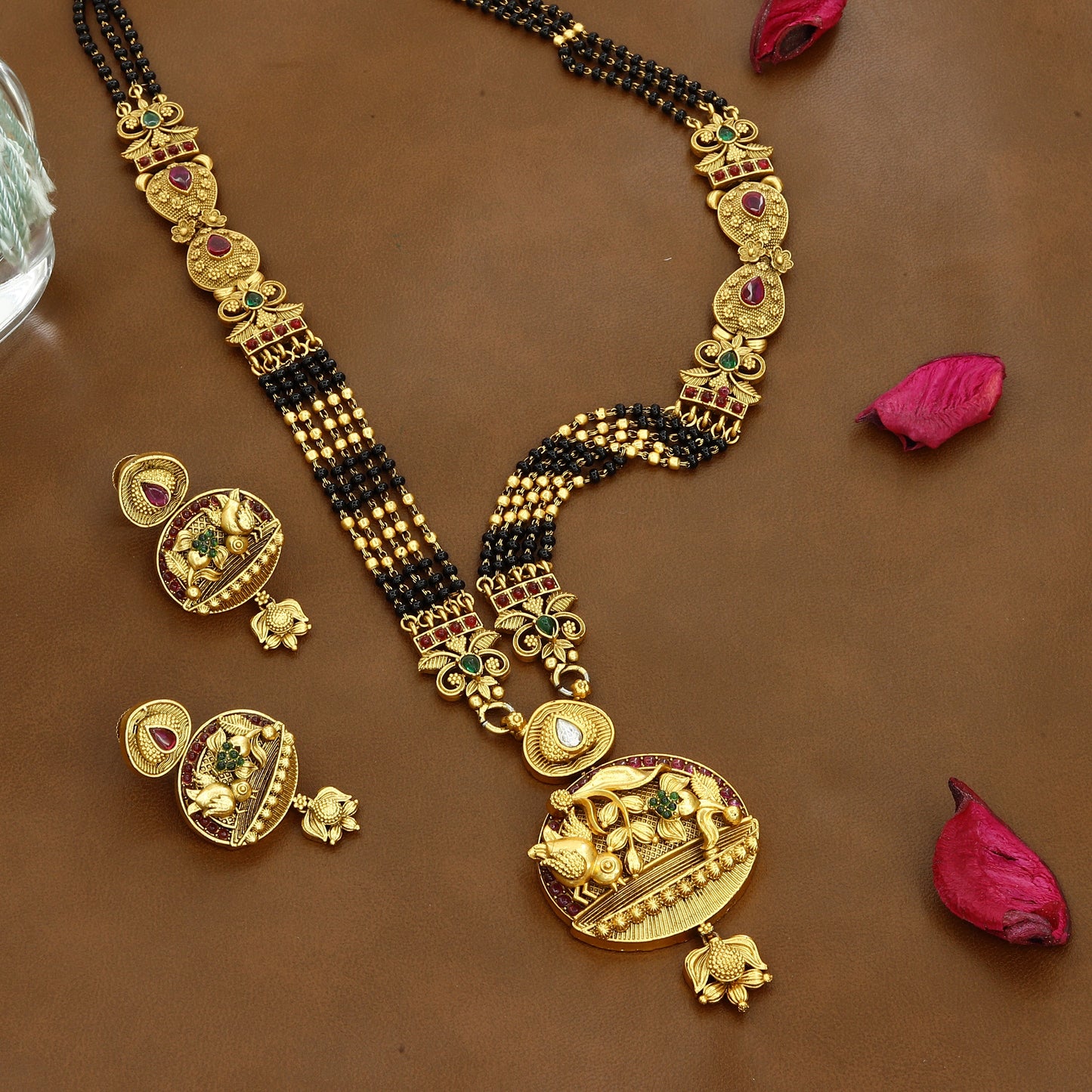Auspicious Elephant Motif Gold Mangalsutra Set with Black Beads