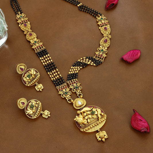 Auspicious Elephant Motif Gold Mangalsutra Set with Black Beads