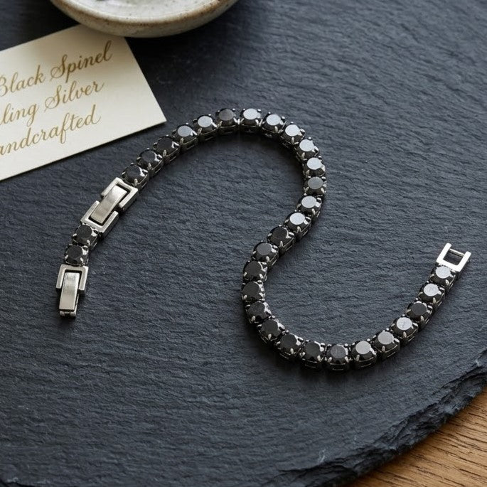 Classic Black Gemstone Tennis Bracelet in Silver Finish