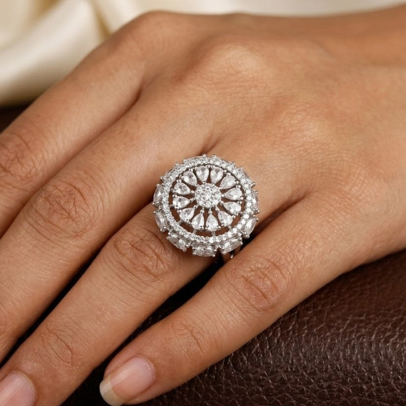 Stunning Silver-Tone CZ Floral Cluster Ring
